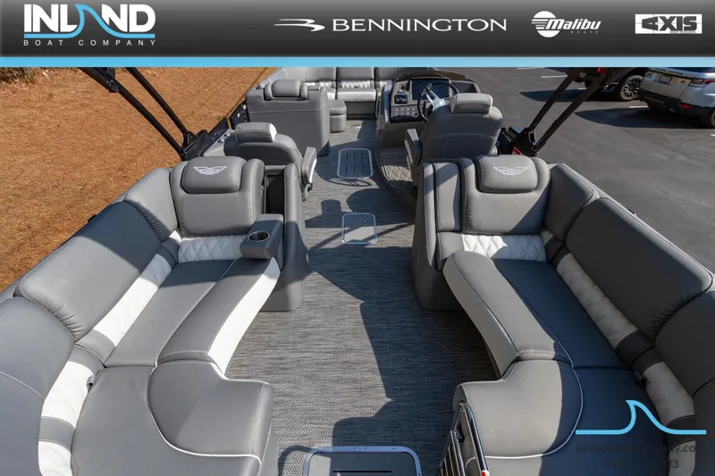 Slide: The Image of 2024 Bennington 23 RFB pontoon boat interior with luxurious seating and modern design. - 11