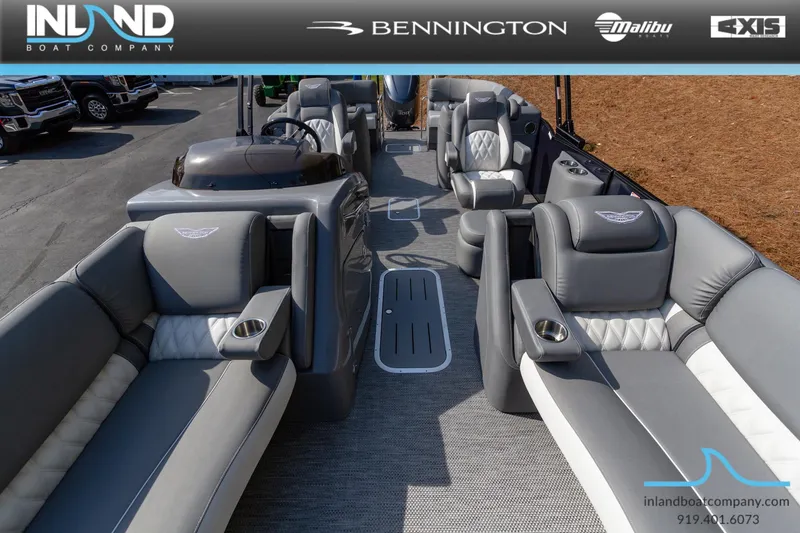 Slide: The Image of 2024 Bennington 23 RFB luxury pontoon boat interior with plush seating and modern design. - 25