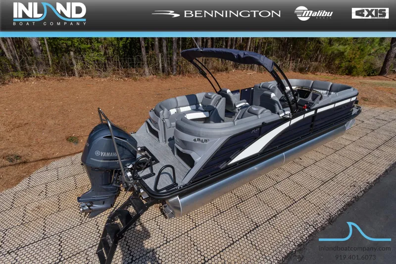 Slide: The Image of 2024 Bennington 23 RFB pontoon boat with Yamaha outboard motor, showcased by Inland Boat Company. - 6