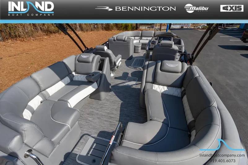 Slide: The Image of 2024 Bennington 23 RFB pontoon boat with luxurious gray seating and spacious layout. - 9