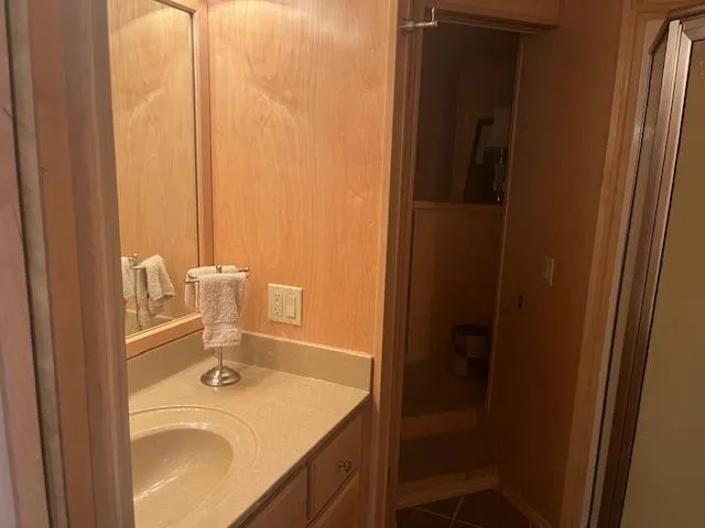 Slide: The Image of 2007 Thoroughbred houseboat bathroom with wooden cabinetry and countertop sink. - 23