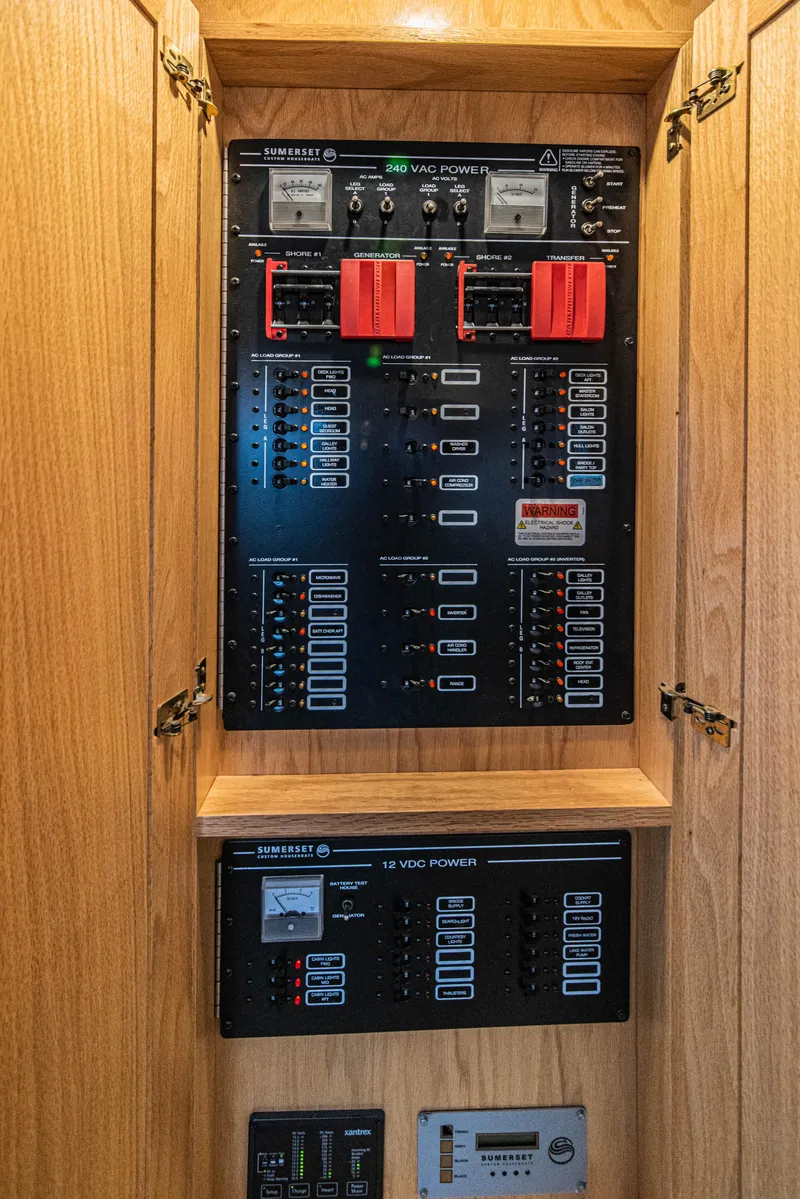 Slide: The Image of Electrical control panel in a 2002 Sumerset 75 houseboat, featuring 240 VAC and 12 VDC power systems. - 40
