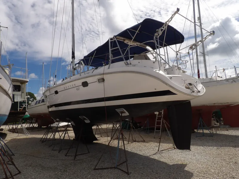 Slide: The Image of Hunter 460 sailboat, 2000 model, on dry dock for maintenance. - 3