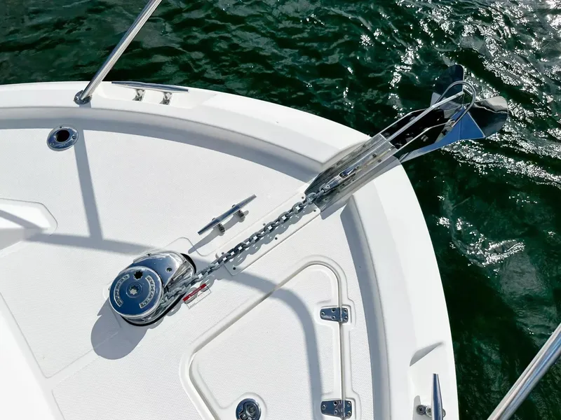 Slide: The Image of 2020 Boston Whaler 325 Conquest anchor system on deck. - 16