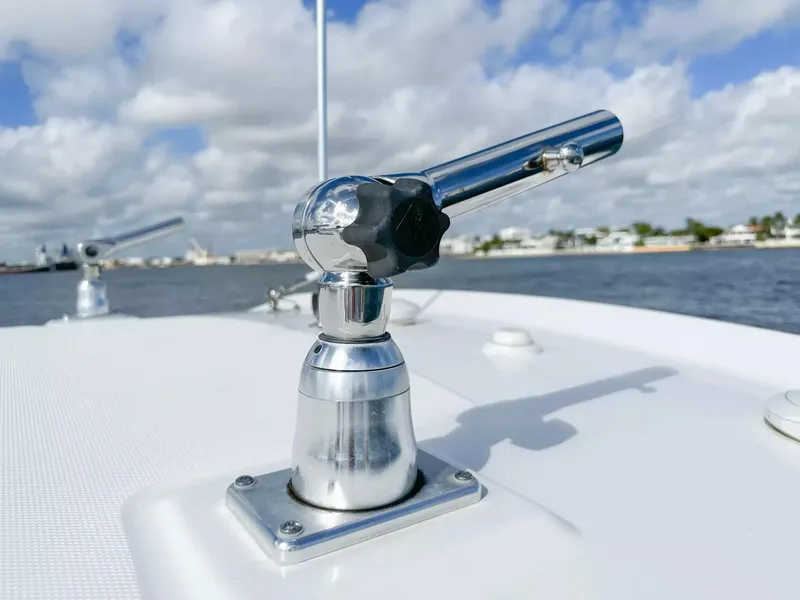 Slide: The Image of Close-up of a 2020 Boston Whaler 325 Conquest boat's deck hardware. - 27