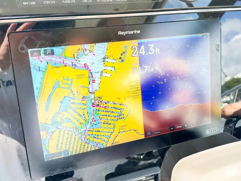 Slide: The Image of Raymarine navigation display on 2020 Boston Whaler 325 Conquest boat. - 34