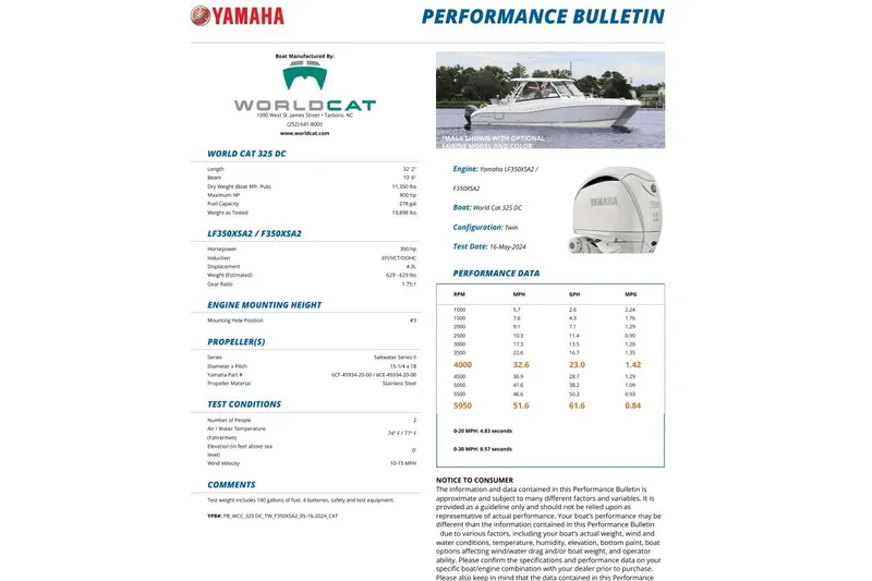 Slide: The Image of Yamaha performance bulletin for 2026 World Cat 325 DC boat with specifications and test data. - 4