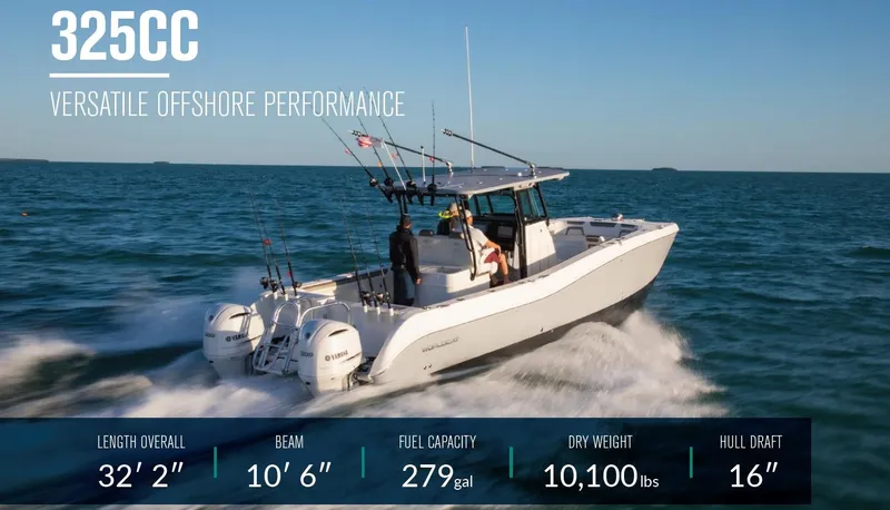 Slide: The Image of 2025 World Cat 325CC boat showcasing versatile offshore performance. - 1