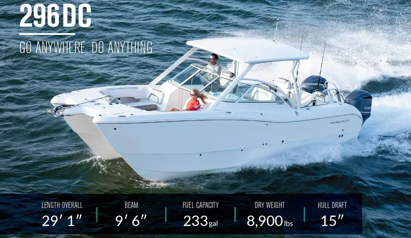 Slide: The Image of 2025 World Cat 296 DC boat cruising on water, showcasing specifications and features. - 1