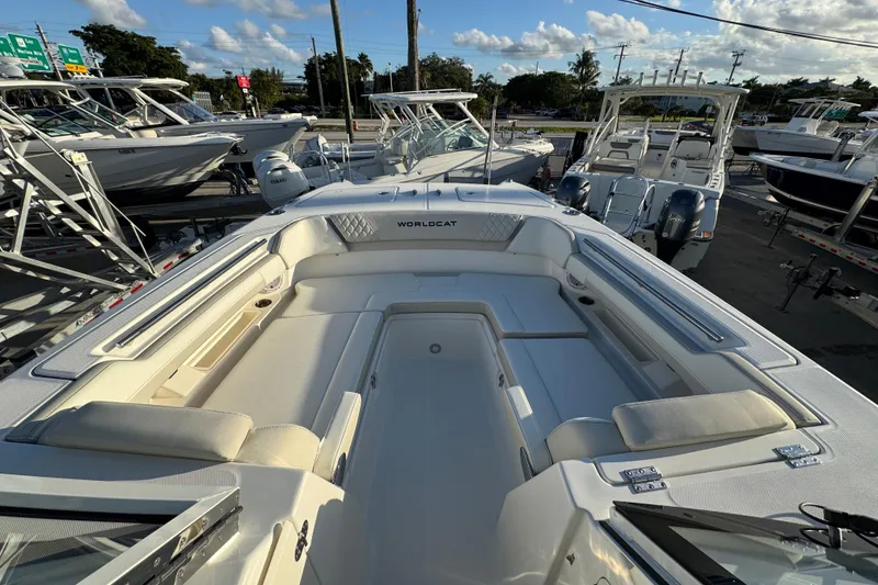 Slide: The Image of 2026 World Cat 280 DC-X boat interior with spacious seating and modern design. - 26