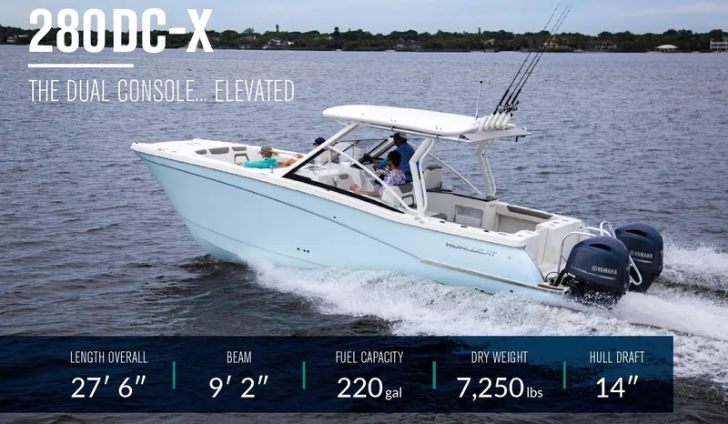 Slide: The Image of 2025 World Cat 280 DC-X dual console boat on water, specs overlay. - 27