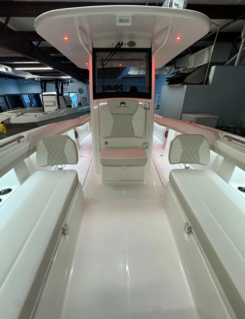 Slide: The Image of 2025 World Cat 280 CCX boat interior with modern seating and sleek design. - 3