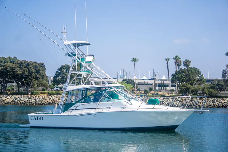 The Image of 1997 Cabo 35 Express boat on calm water with coastal background. - 0
