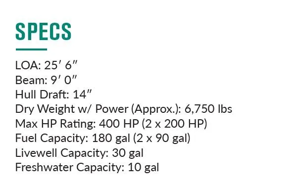 Slide: The Image of 2025 World Cat 260 CC specs: LOA 25'6, Beam 9', Hull Draft 14, 400 HP, - 3