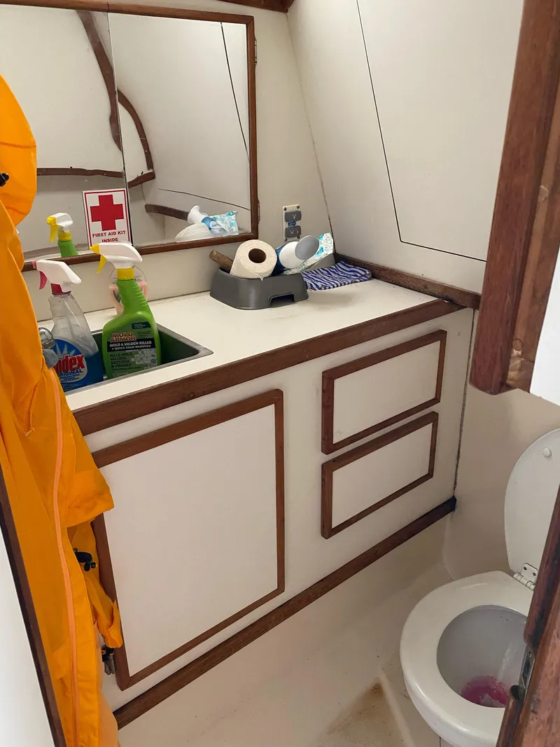 Slide: The Image of 1986 Blackfin 29 Combi boat bathroom with sink, mirror, and cleaning supplies. - 9