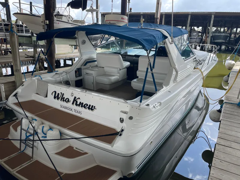 Slide: The Image of 1993 Sea Ray 400 Express Cruiser docked, named Who Knew, Seabrook, Texas. - 4