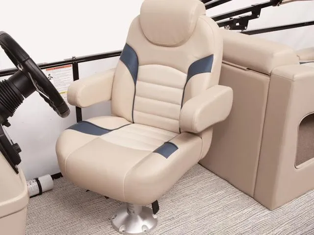 Slide: The Image of 2024 SunCatcher Select 22SS boat seat, beige with blue accents, luxurious design. - 19