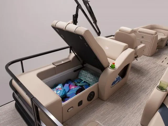 Slide: The Image of 2024 SunCatcher Select 22SS boat with open storage compartment and beige seating. - 22