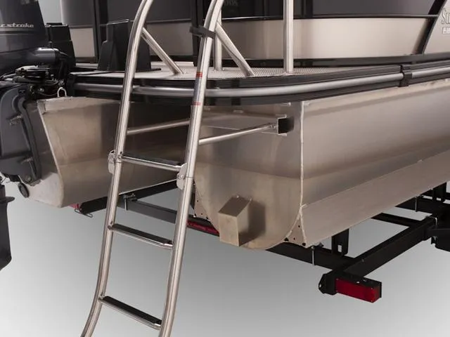 Slide: The Image of 2024 SunCatcher Select 22SS pontoon boat with ladder and motor detail. - 23