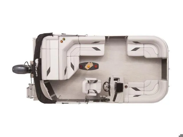 Slide: The Image of 2024 SunCatcher Select 18C pontoon boat interior, top view, spacious seating, modern design. - 15
