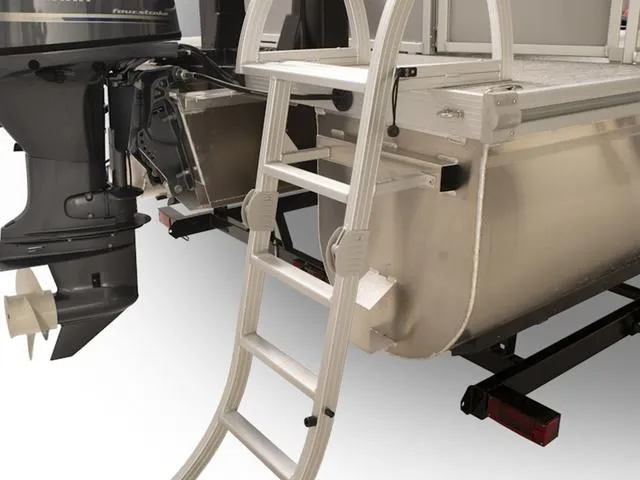 Slide: The Image of 2024 SunCatcher Select 18C pontoon boat with ladder and outboard motor. - 17