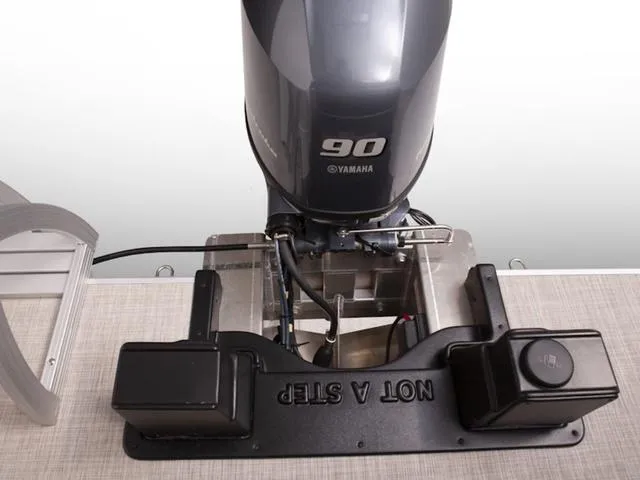 Slide: The Image of 2024 SunCatcher Select 18C boat with Yamaha 90 engine, "Not a Step" warning visible. - 18