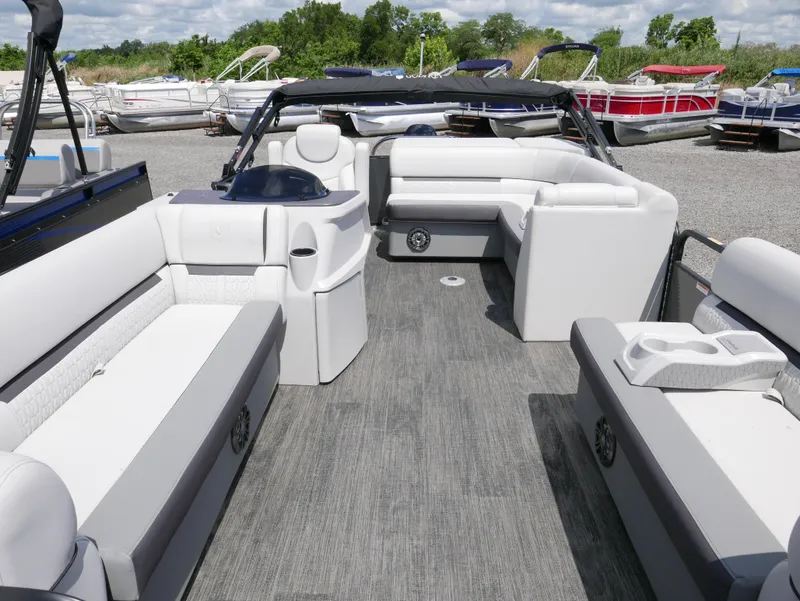 Slide: The Image of 2023 Godfrey SWEETWATER 2086 pontoon boat interior with spacious seating and modern design. - 3