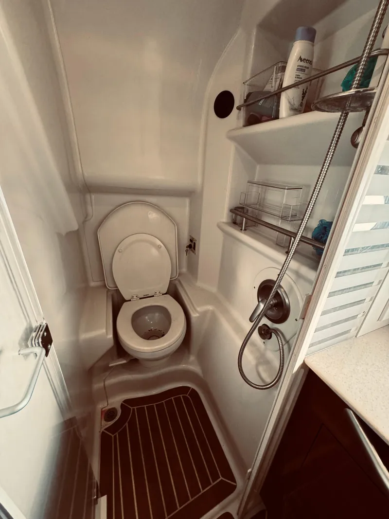 Slide: The Image of 2008 Sea Ray 350 Sundancer bathroom with toilet and shower amenities. - 24