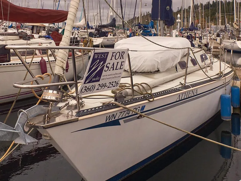 Slide: The Image of 1980 Sceptre 36 Athena sailboat for sale, docked in marina, contact number visible. - 146