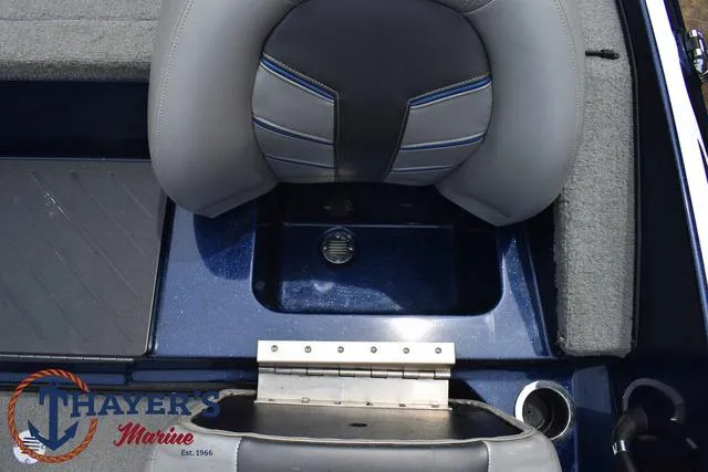 Slide: The Image of 2021 Nitro Z17 boat seat and storage compartment, Thayer's Marine logo. - 17