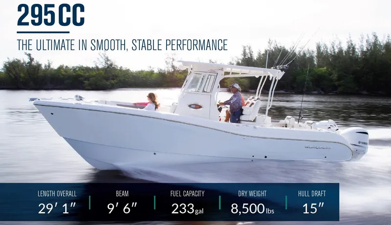 The Image of 2025 World Cat 295CC boat on water, showcasing smooth, stable performance and specifications. - 1