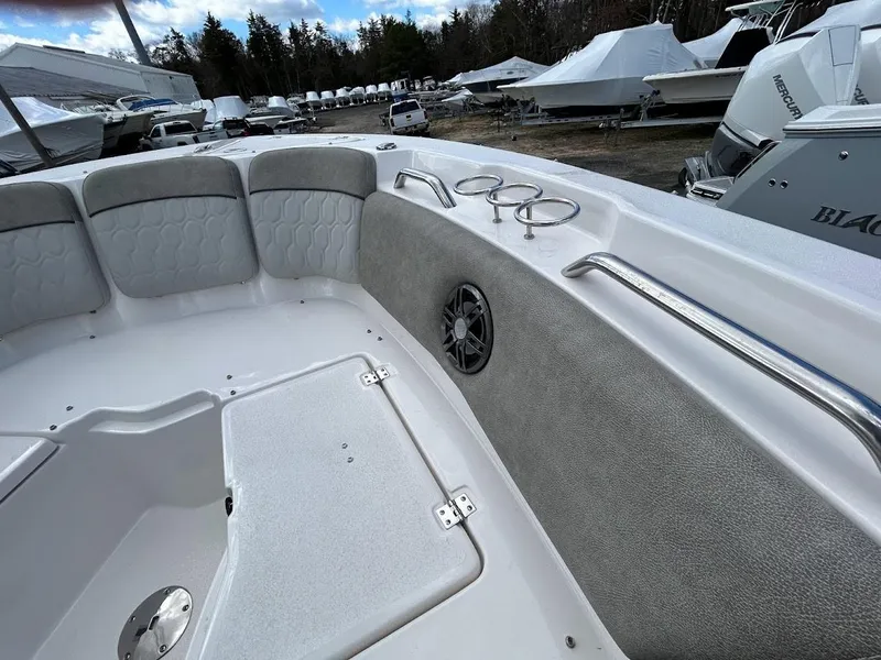 Slide: The Image of 2023 Sea Fox 226 Traveler boat interior with seating and cup holders. - 20