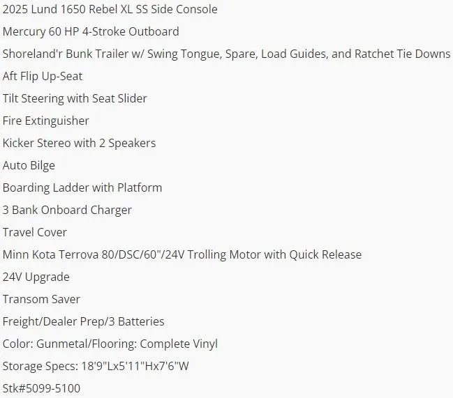 Slide: The Image of 2025 Lund 1650 Rebel XL SS boat features and specifications list. - 5