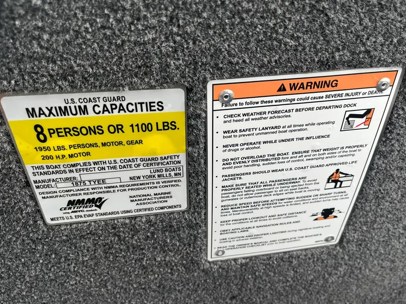 Slide: The Image of Lund 1875 Tyee 2025 capacity and safety warning labels, 8-person or 1100 lbs limit. - 26