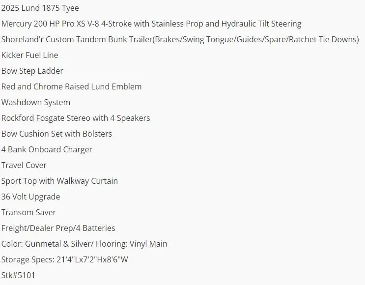 Slide: The Image of 2025 Lund 1875 Tyee boat features and specifications list. - 5