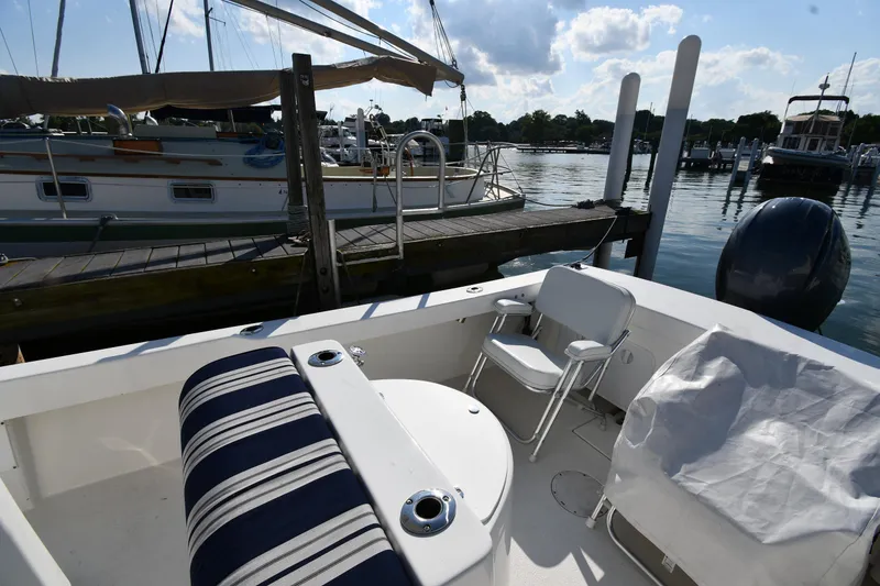 Slide: The Image of 2021 Eastern 248 Center Console boat docked at a marina with seating and striped cushions. - 19