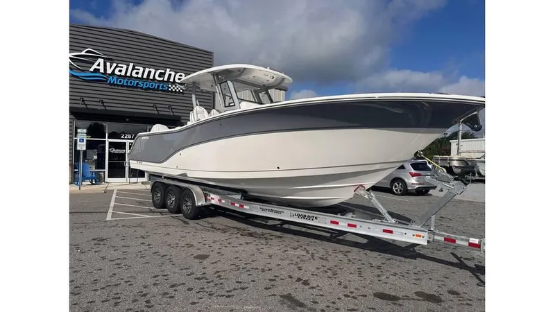 Slide: The Image of 2025 Sea Fox 328 Commander boat on trailer at Avalanche Motorsports. - 1
