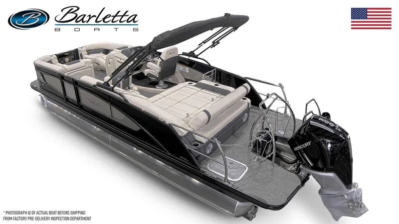 Slide: The Image of 2025 Barletta Lusso 23U luxury pontoon boat with Mercury engine, featuring elegant seating and design. - 22