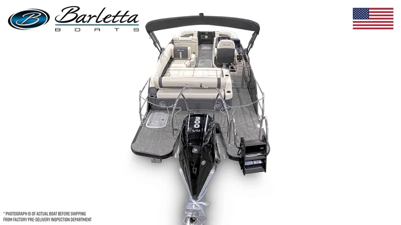 Slide: The Image of 2025 Barletta Lusso 23U pontoon boat with sleek design and powerful engine. - 23