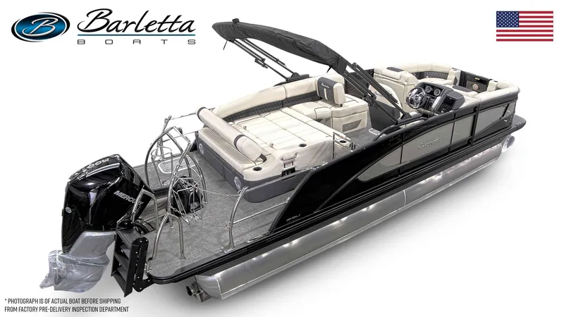 Slide: The Image of 2025 Barletta Lusso 23U luxury pontoon boat with sleek design and spacious seating. - 24