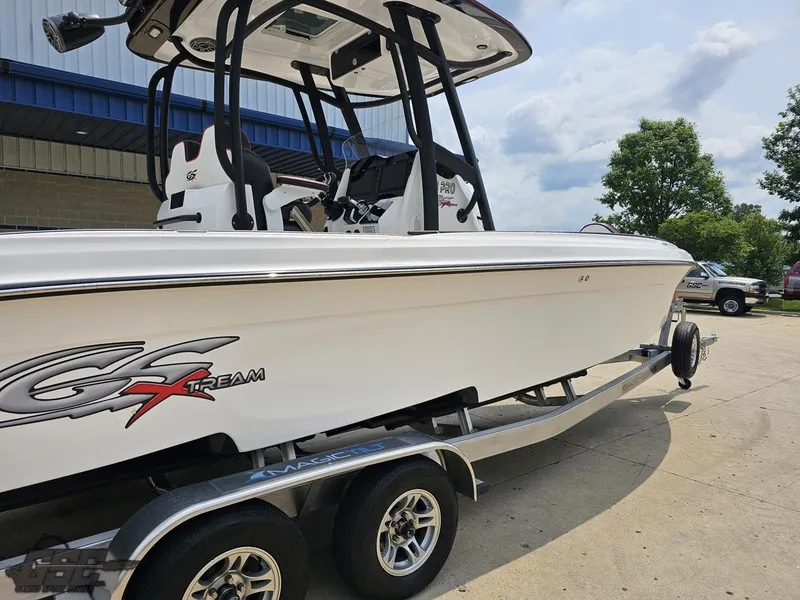 Slide: The Image of 2024 Glasstream 280 Pro GSX boat on a trailer, side view. - 12