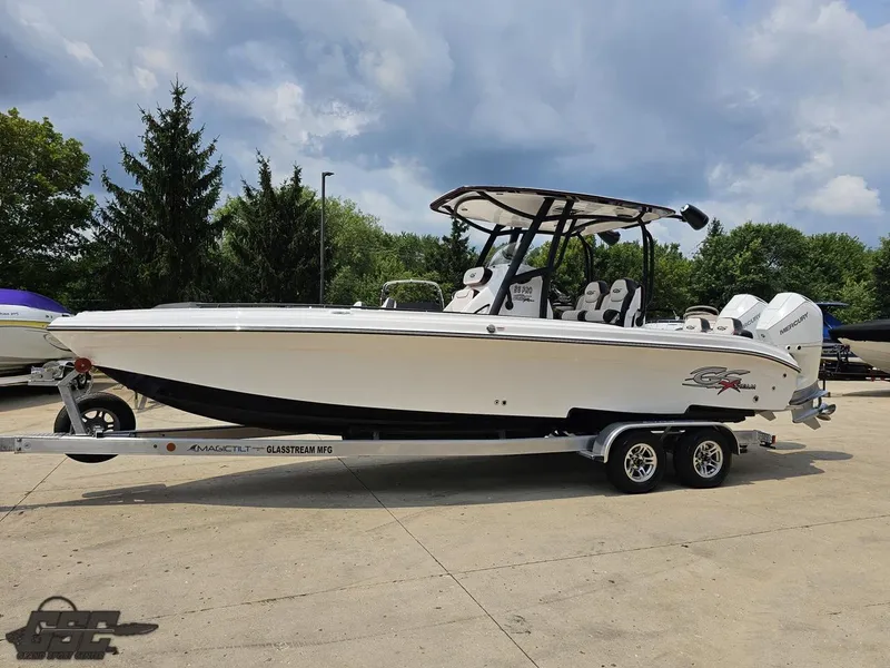 Slide: The Image of 2024 Glasstream 280 Pro GSX boat on a trailer, ready for transport. - 28