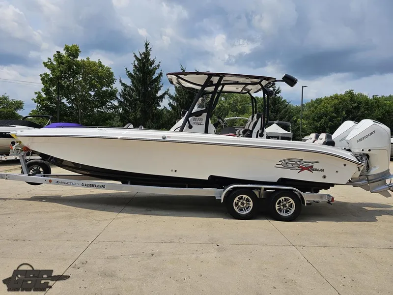 Slide: The Image of 2024 Glasstream 280 Pro GSX boat on a trailer, side view. - 29