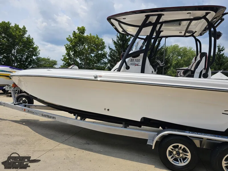 Slide: The Image of 2024 Glasstream 280 Pro GSX boat on a trailer, side view. - 31