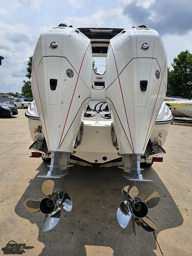 Slide: The Image of 2024 Glasstream 280 Pro GSX boat with dual outboard engines. - 46
