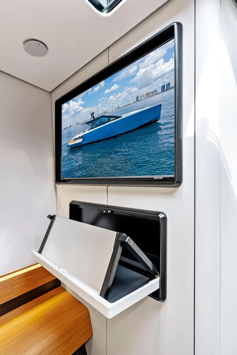 Slide: The Image of Interior of 2023 Wally WALLYPOWER58 yacht with modern TV and sleek design. - 28