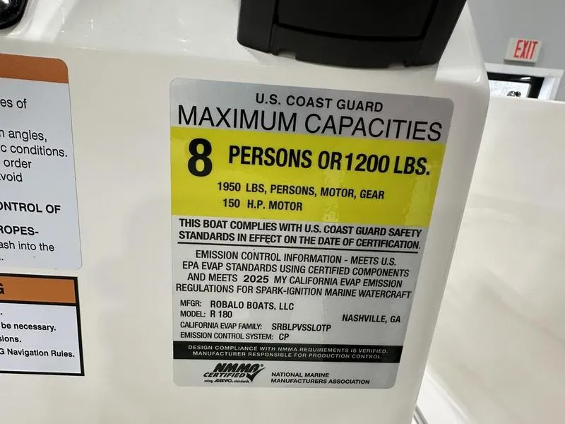 Slide: The Image of Robalo R 180 boat capacity label, 8 persons or 1200 lbs, 2025 model. - 11