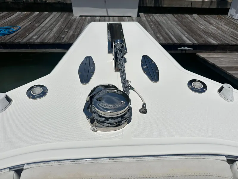 Slide: The Image of 2013 Stamas 317 Tarpon boat anchor system on deck. - 13
