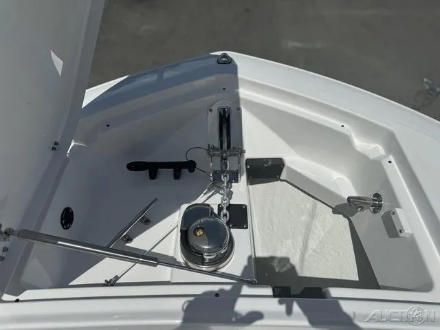 Slide: The Image of 2025 Blackfin 332cc boat windshield and console close-up. - 37