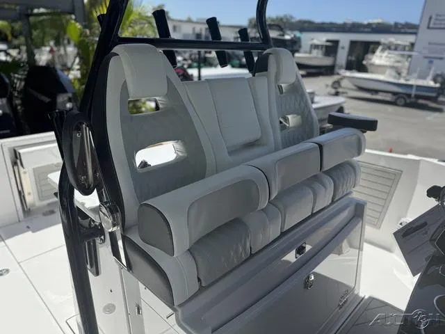 Slide: The Image of Twin Mercury Verado outboard engines on a 2025 Blackfin 332cc boat. - 46